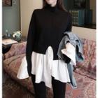 Patchwork Mock Two-piece Turtleneck Knit Blouse Black - One Size