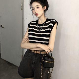 Striped Tank Top + Wide-leg A-line Denim Shorts