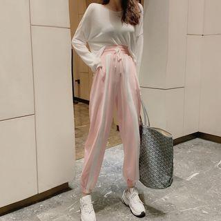 Long-sleeve Plain Knit Top / Drawstring Color Panel Striped Sweatpants