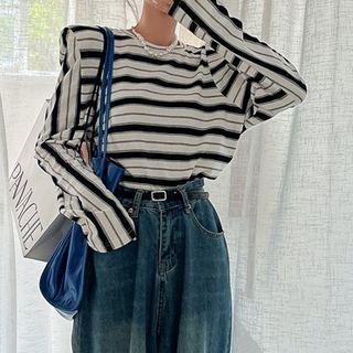 Long-sleeve Shoulder-padded Striped T-shirt