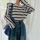 Long-sleeve Shoulder-padded Striped T-shirt