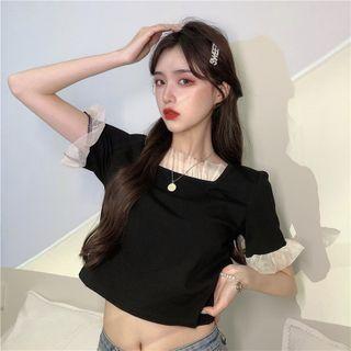 Square-neck Mesh Panel Cropped T-shirt