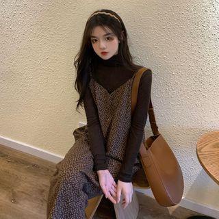 Long-sleeve Top / Spaghetti Strap Floral Dress