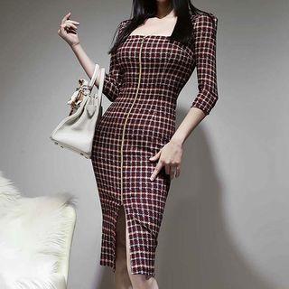 Elbow-sleeve Square-neck Plaid Zip Dress