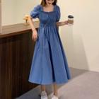 Puff-sleeve Square-neck Denim Midi A-line Dress