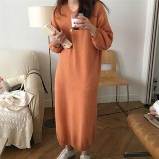 Long-sleeve V-neck Plain Sweater Dress Tangerine - One Size