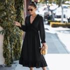 Long-sleeve V-neck Plain A-line Midi Dress