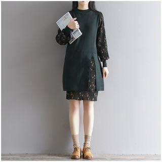 Mock Two-piece Knit Panel Floral Long-sleeve Chiffon Dress
