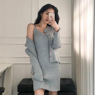 Set: Rib-knit Cardigan + Sleeveless Dress