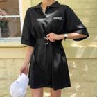 Drawing Belted Elbow-sleeve Polo Shirtdress