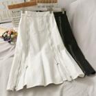 Elastic High-waist Stitched Zipper Midi Skirt