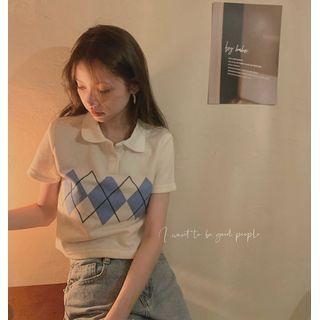 Short-sleeve Argyle Print Crop Polo Shirt White - One Size