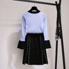Set: Two-tone Sweater + Studded Knit Skirt