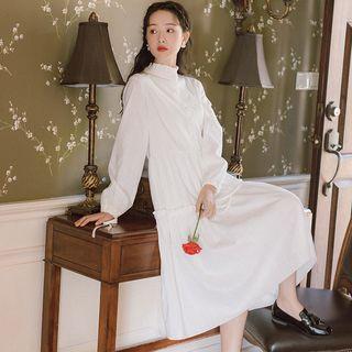 Frill Trim Stand-collar Puff-sleeve Dress