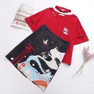 Set: Embroidered Pocket T-shirt + Printed Mini Skirt