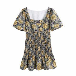 Short-sleeve Ruffle Trim Floral Mini Dress