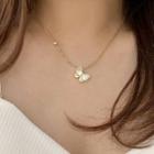 Butterfly Shell Rhinestone Pendant Stainless Steel Necklace Gold & White - One Size