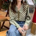Mock Two-piece Checkerboard Panel Blouse Green - One Size
