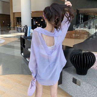 Long-sleeve Open Back Plain Light Shirt / Sleeveless Plain Cropped Top