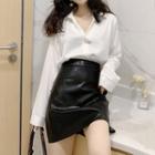 V-neck Blouse / Faux-leather A-line Skirt