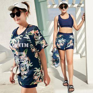 Set: Bikini Top + Print Swim Shorts + Floral Print Short Sleeve Cover-up