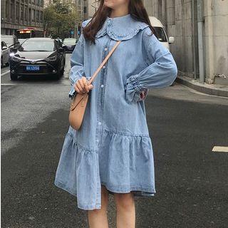 Long-sleeve Frill-trim Denim Dress