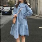 Long-sleeve Frill-trim Denim Dress