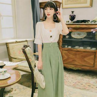 Set: Elbow-sleeve Square-neck Blouse + A-line Midi Skirt