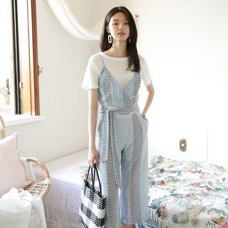 Set: Round-neck Top + Spaghetti-strap Pattern Jumpsuit