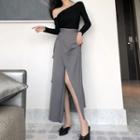 Long-sleeve Top / Slit Midi Skirt