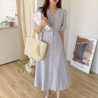Short Sleeve V-neck Plain Button-up A-line Dress