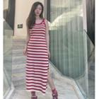 Halter-neck Striped Midi Knit Dress Striped - Red & White - One Size