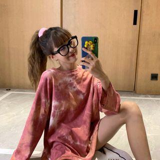 Dye Print Long-sleeve Oversize T-shirt As Shown In Figure - One Size