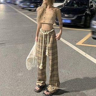 Plaid Wide Leg Pants / Sash