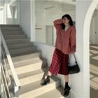 Long-sleeve Turtleneck Plain T-shirt / Plain Knit Cardigan / Plaid Midi Skirt