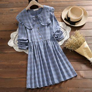 Long-sleeve Frill Trim A-line Plaid Dress