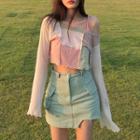 Long-sleeve Color Block Crop Top Almond - One Size
