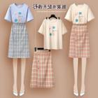 Set: Short-sleeve Cartoon Print T-shirt + Plaid Midi A-line Skirt