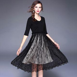 Elbow-sleeve A-line V-neck Plain Panel Lace Long Sheath Dress