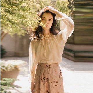 Set: Lace-up Long-sleeve Top + Camisole Top + Floral Midi A-line Skirt