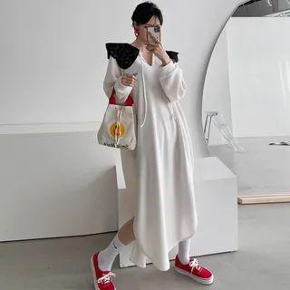 Contrast-trim Capelet Long Sweater Dress