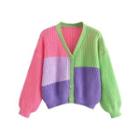 Color Block V-neck Cardigan Green & Pink & Purple - One Size