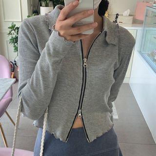 Lettuce Edge Collared Zip Cropped T-shirt Gray - One Size