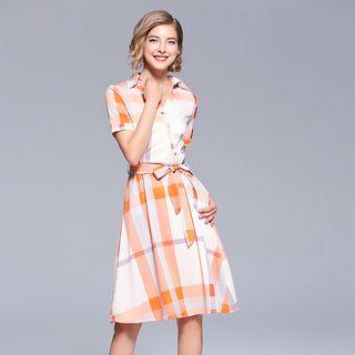 Short-sleeve Plaid Tie-waist Shirt Dress