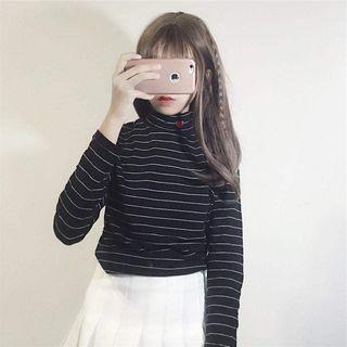 Long-sleeve Mock Neck Heart Printed Striped T-shirt