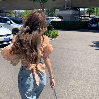 Puff-sleeve Off-shoulder Tie-waist Floral Crop Top Tangerine - One Size