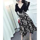 Floral Print V-neck A-line Midi Dress