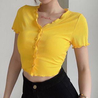 Short-sleeve Ruffle Trim Button-up Cropped Blouse