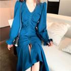 Long-sleeve Ruffled Midi Dress Peacock Blue - One Size