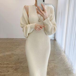 Set: Ribbed Knit Cropped Cardigan + Sleeveless Midi Sheath Dress